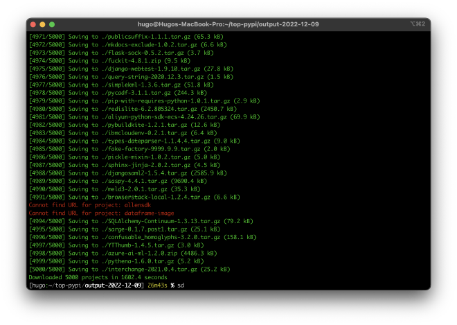 Tail end of downloading files: successful downloads in green, unsuccessful downloads in red