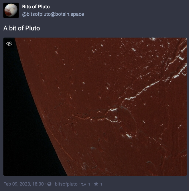 Deep red with ridges, and the curve of Pluto against deep black space