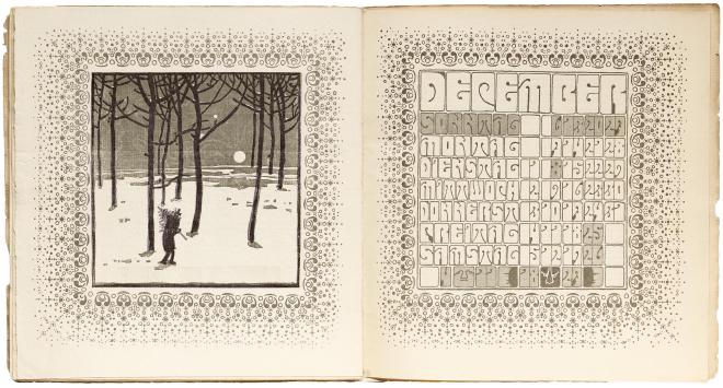 Two panel woodcut. On the left, an almost stick figure carrying a Christmas tree through dark woodland. On the right, a Jugendstil calendar with highly stylised letters for December, the days in German and numbers.