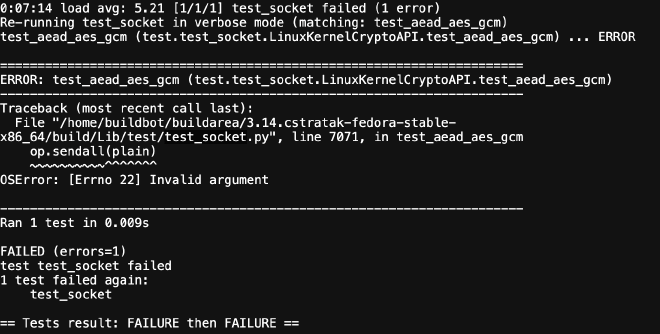 ERROR: test_aead_aes_gcm (test.test_socket.LinuxKernelCryptoAPI.test_aead_aes_gcm)