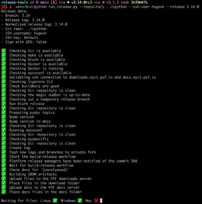 Terminal prompt showing the output of run_release.py with lots of checked tasks and ending with: Waiting for files: Linux ✅ Windows ✅ Mac ❌