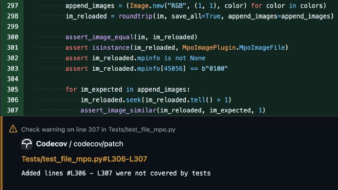 The same code, but Codecov has flagged the last two lines were not covered