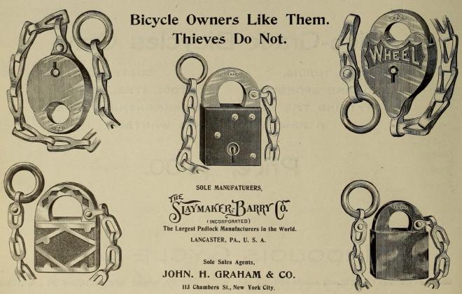 An 1895 magazine advert for The Slaymaker Barry Co. showing five padlocks with chunky chains and the slogan: 'Bicycle Owners Like Them. Thieves Do Not.