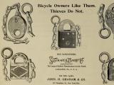 An 1895 magazine advert for The Slaymaker Barry Co. showing five padlocks with chunky chains and the slogan: 'Bicycle Owners Like Them. Thieves Do Not.