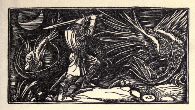 A 19th century illustration of a knight fighting a dragon