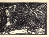 A 19th century illustration of a knight fighting a dragon