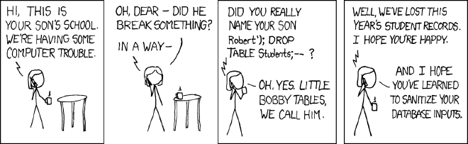 xkcd comic: [Mrs. Roberts receives a call from her son's school on her wireless phone. She is standing with a cup of hot coffee or tea (shown with a small line above the cup) facing a small round three-legged table to the right. The voice of the caller is indicated to come from the phone with a zigzag line.] Voice over the phone: Hi, This is your son's school. We're having some computer trouble. [In this frame-less panel Mrs. Roberts has put the cup down on the table turned facing out.] Mrs. Roberts: Oh, dear – did he break something? Voice over the phone: In a way – [Mrs. Roberts is now drinking from the cup again looking right. The table is not shown.] Voice over the phone: Did you really name your son Robert'); DROP TABLE Students;-- ? Mrs. Roberts: Oh, yes. Little Bobby Tables, we call him. [Mrs. Roberts holds the cup down.] Voice over the phone: Well, we've lost this year's student records. I hope you're happy. Mrs. Roberts: And I hope you've learned to sanitize your database inputs.
