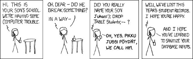 Did you really name your son Juhani&rsquo;); DROP TABLE Students;&ndash; ? Oh, yes. Pikku Jussi, we call him.