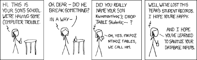 Did you really name your son Κωνσταντίνος&rsquo;); DROP TABLE Students;&ndash; ? Oh, yes. Μικρός Ντίνος Tables, we call him.