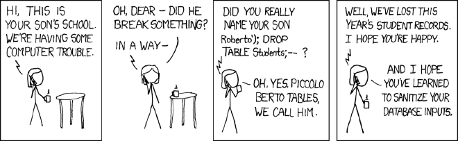 Did you really name your son Roberto&rsquo;); DROP TABLE Students;&ndash; ? Oh, yes. Piccolo Berto Tables, we call him.
