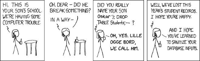 Did you really name your son Oskar&rsquo;); DROP TABLE Students;&ndash; ? Oh, yes. Lille Ogge Bord, we call him.