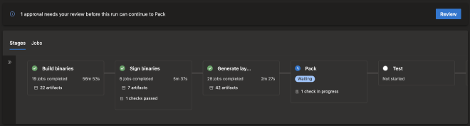 Azure Pipelines: 1 approval needs your review before this run can continue to Pack