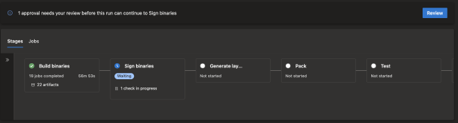 Azure Pipelines: 1 approval needs your review before this run can continue to Sign binaries