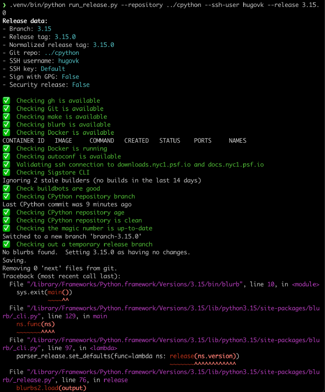 Start of the release script, showing a number of successful checks, before the start of a traceback from blurb