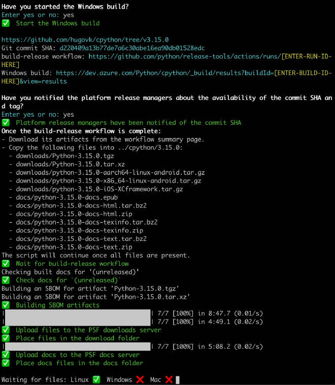 Release script showing download of artifact files, SBOM creation, upload to PSF servers, and waiting for Windows and Mac files