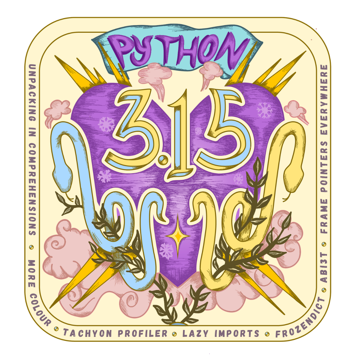  a purple bosom alongside "3.15" in blue and yellow, flanked by a blue and a yellow snake, alongside lightning bolts, pink clouds and laurel branches, framed by the release's header features